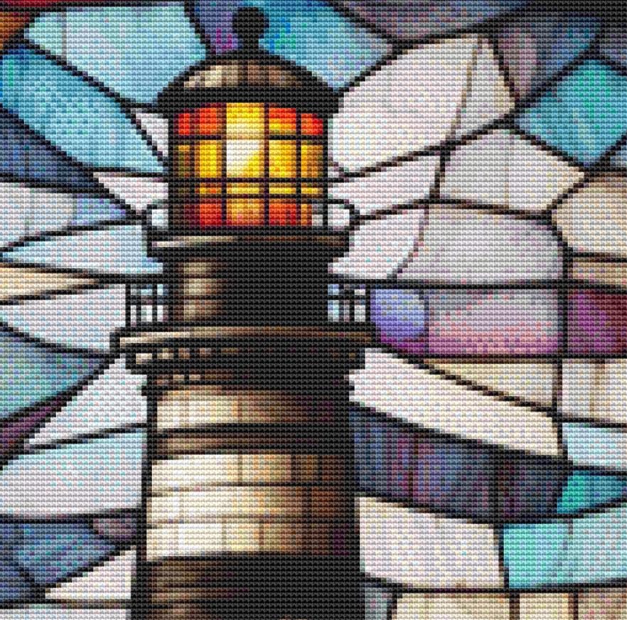 Stained Glass Lighthouse (Max Color) counted cross stitch pattern ©Adobe Ext. License