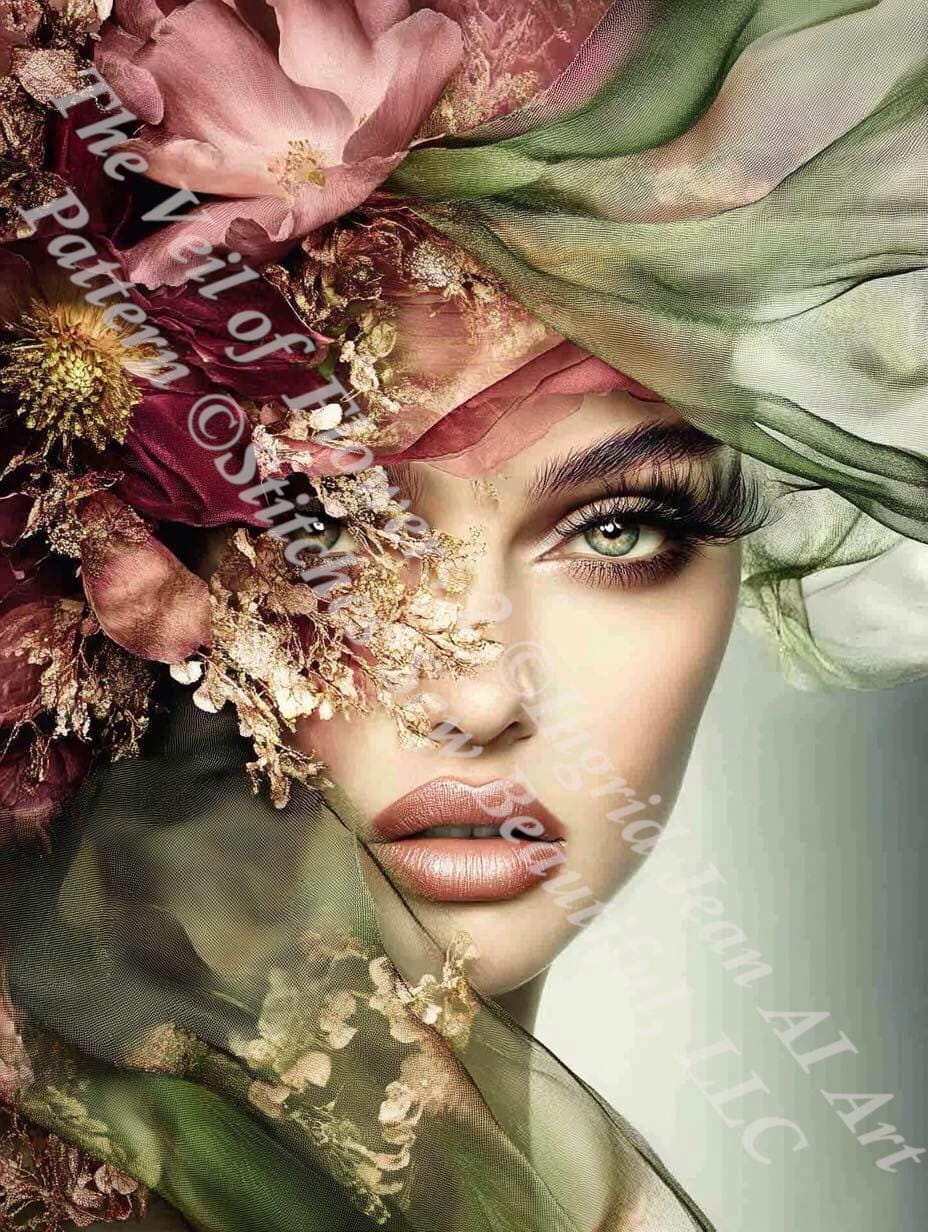 The Veil of Flowers 2 counted cross stitch pattern by Ingrid Jean AI Art