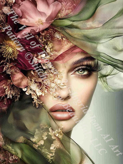 The Veil of Flowers 2 counted cross stitch pattern by Ingrid Jean AI Art