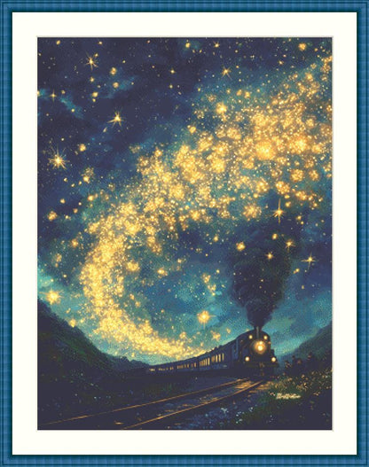 Night Train Racing Through the Stars counted cross stitch pattern by IllustNation