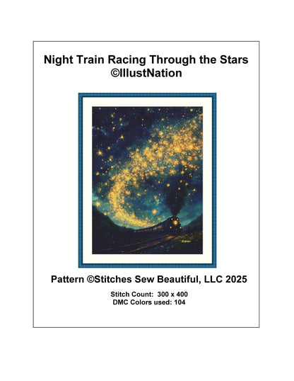 Night Train Racing Through the Stars counted cross stitch pattern by IllustNation