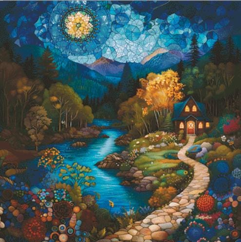 Whispers of the Stars and Moon on the Way Home counted cross stitch pattern by IllustNation