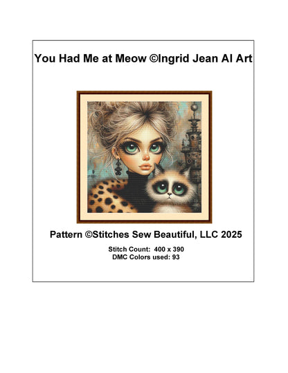 You Had Me at Meow counted cross stitch pattern by Ingrid Jean AI Art