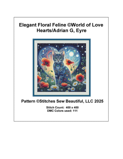 Elegant Floral Feline counted cross stitch pattern by World of Love Hearts/Adrian G. Eyre