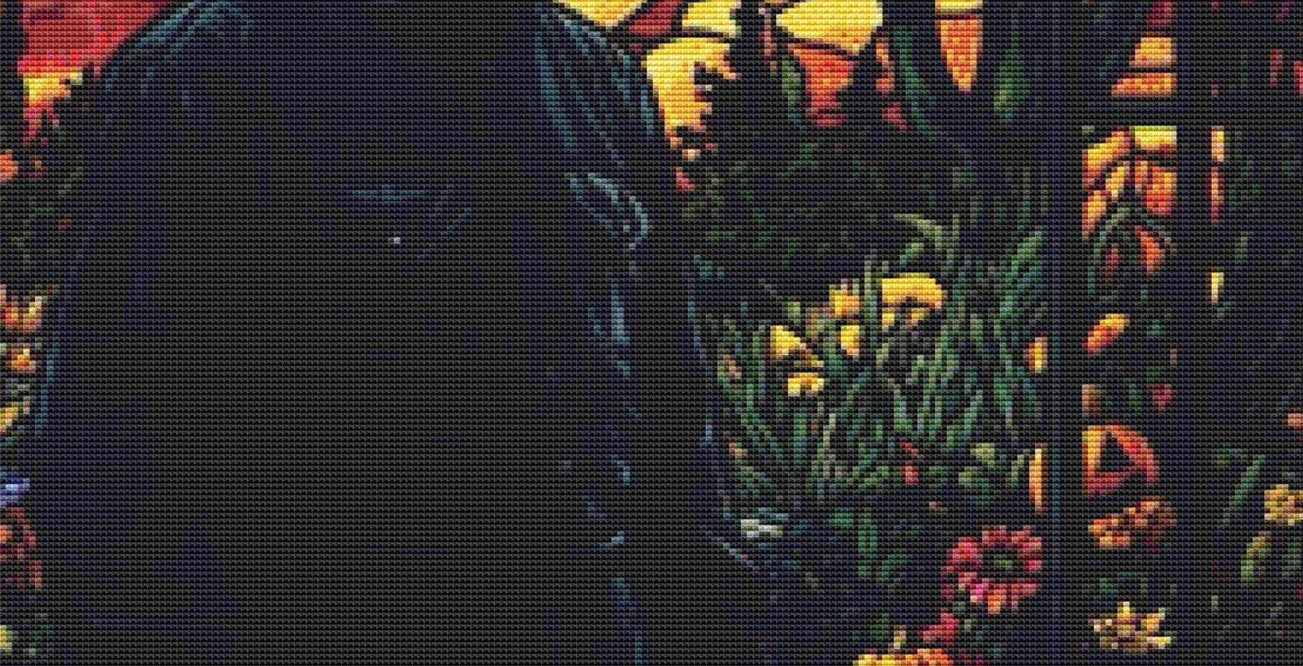 Stained Glass Michael Myers counted cross stitch pattern by Ingrid Jean AI Art