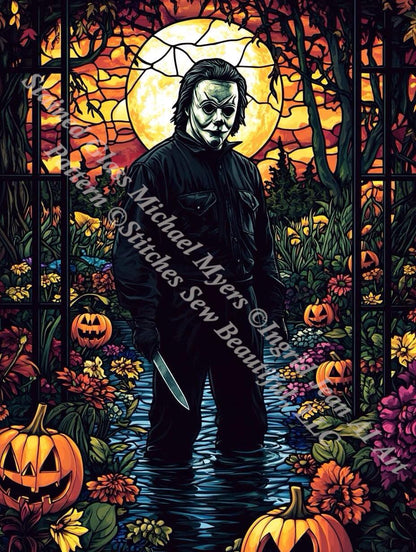 Stained Glass Michael Myers counted cross stitch pattern by Ingrid Jean AI Art