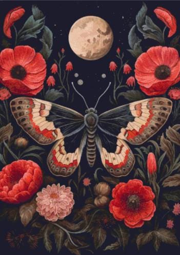 Gothic Botanical Moth counted cross stitch pattern by Dutch Lady Mystic Art