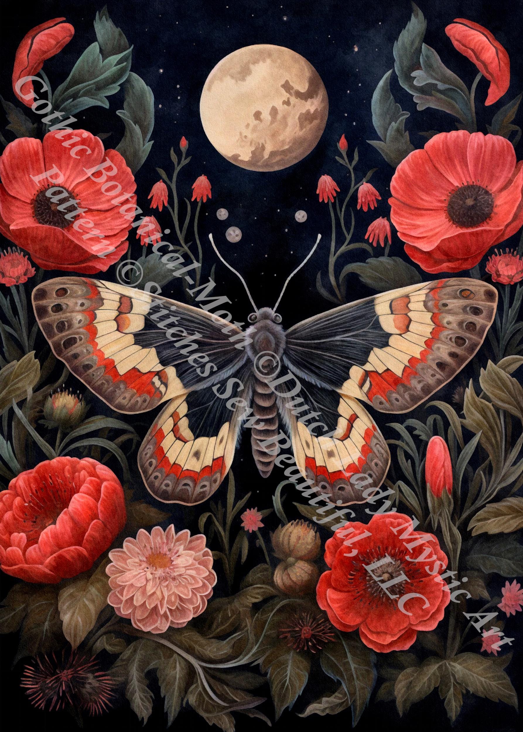 Gothic Botanical Moth counted cross stitch pattern by Dutch Lady Mystic Art