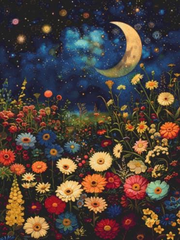 Field of Flowers Bathed in Soft Moonlight counted cross stitch pattern by IllustNation