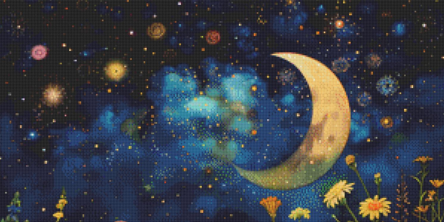 Field of Flowers Bathed in Soft Moonlight counted cross stitch pattern by IllustNation