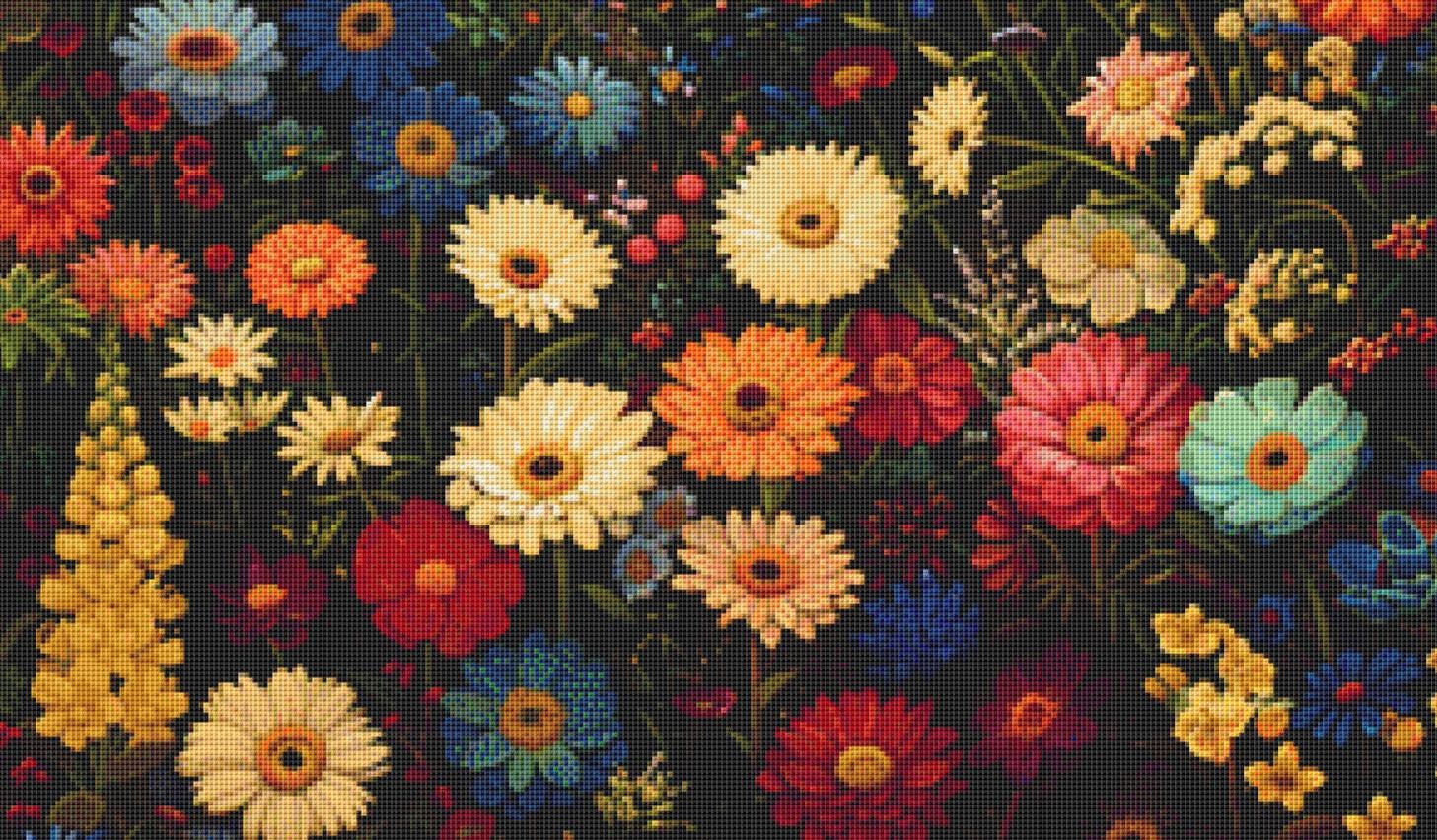 Field of Flowers Bathed in Soft Moonlight counted cross stitch pattern by IllustNation