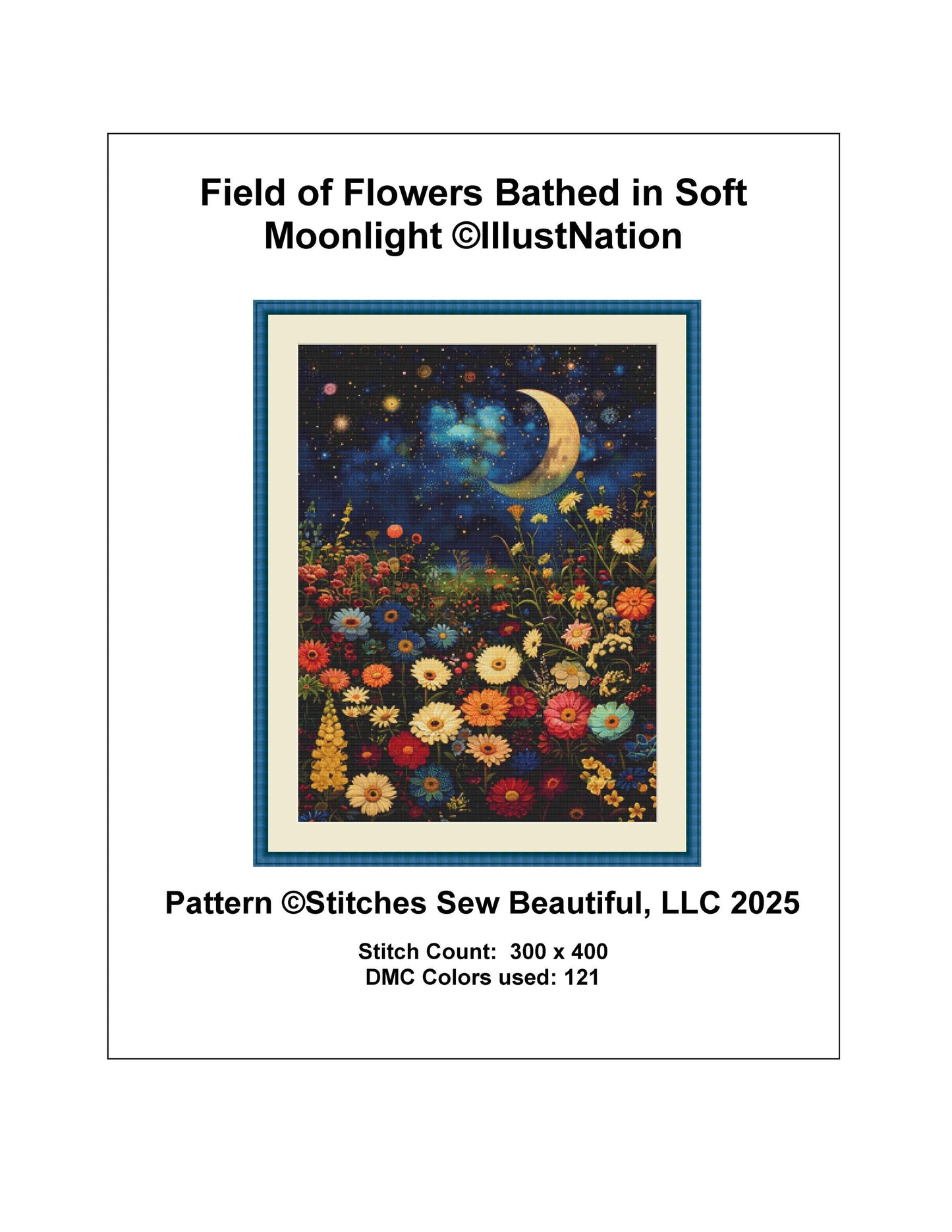 Field of Flowers Bathed in Soft Moonlight counted cross stitch pattern by IllustNation