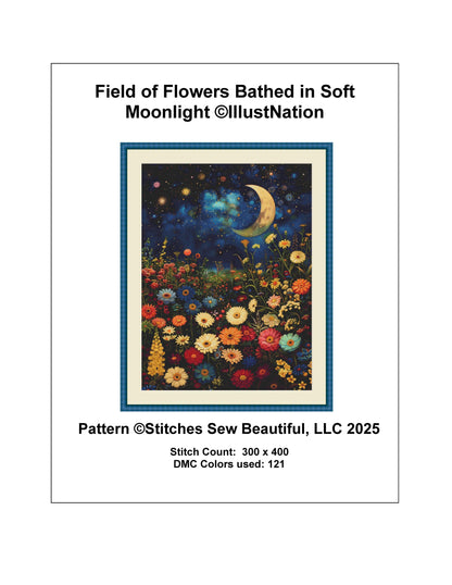 Field of Flowers Bathed in Soft Moonlight counted cross stitch pattern by IllustNation