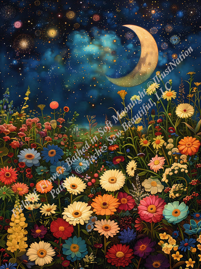 Field of Flowers Bathed in Soft Moonlight counted cross stitch pattern by IllustNation