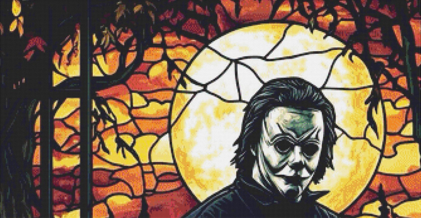 Stained Glass Michael Myers (Max Size/Color) counted cross stitch pattern by Ingrid Jean AI Art