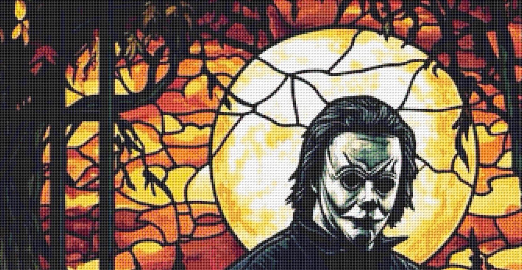 Stained Glass Michael Myers (Max Size/Color) counted cross stitch pattern by Ingrid Jean AI Art