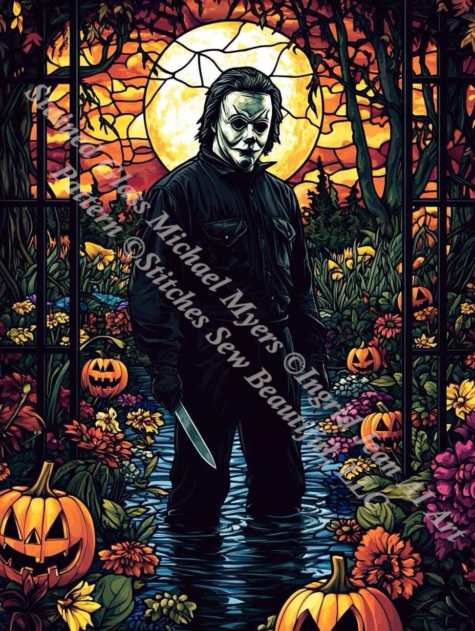 Stained Glass Michael Myers (Max Size/Color) counted cross stitch pattern by Ingrid Jean AI Art