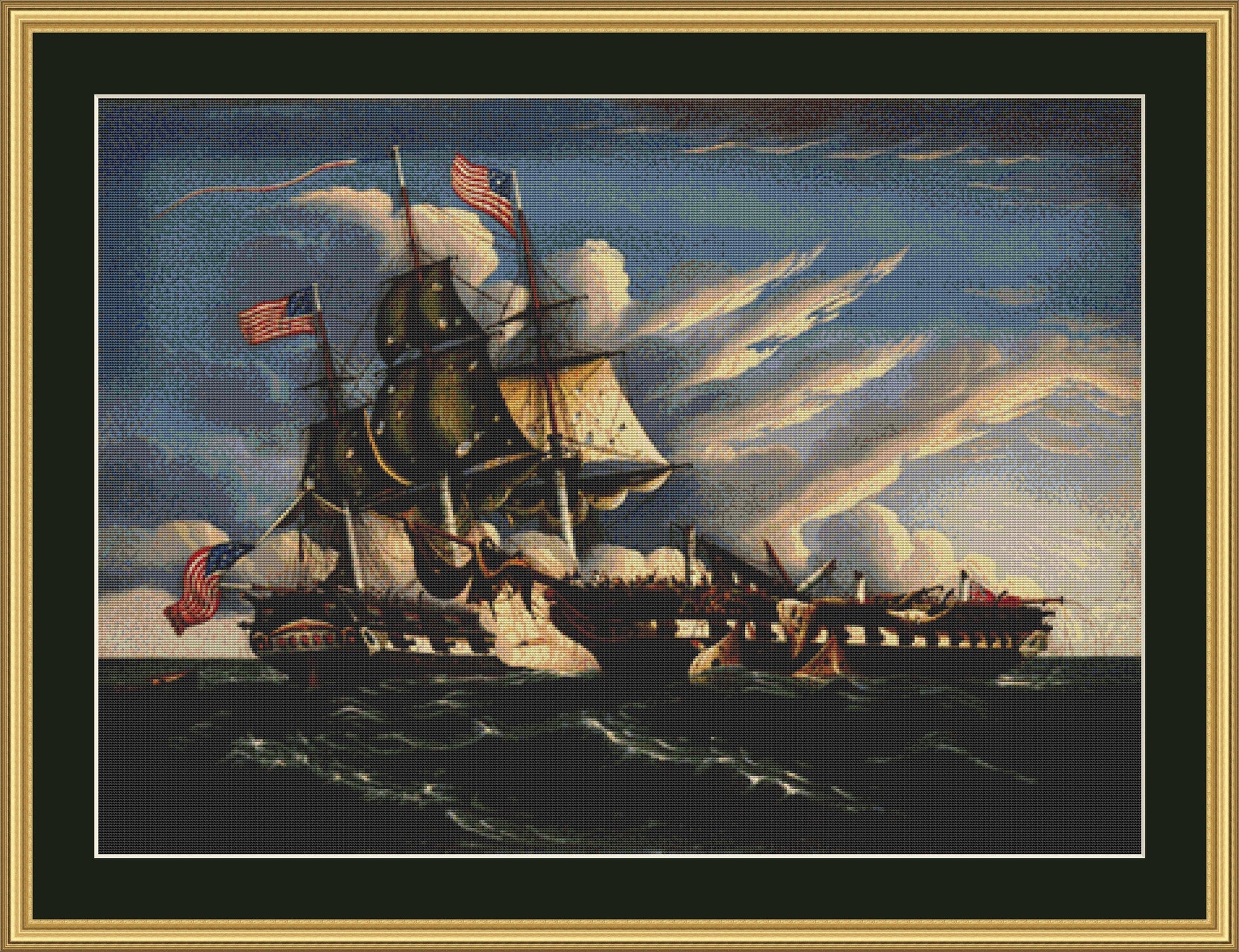 The Constitution and the Guerriere counted cross stitch pattern by Thomas Chambers ca. 1845