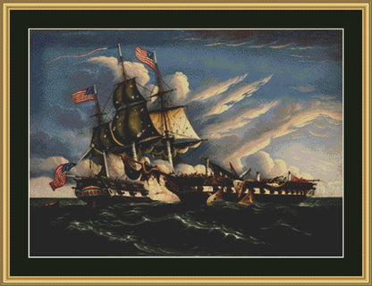 The Constitution and the Guerriere counted cross stitch pattern by Thomas Chambers ca. 1845