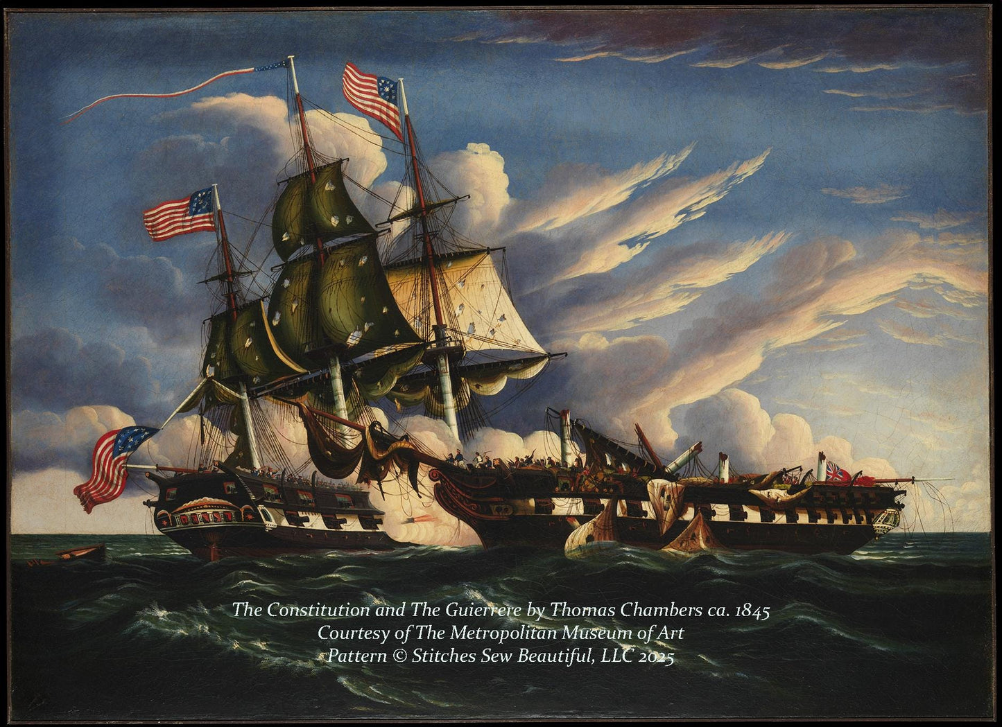 The Constitution and the Guerriere counted cross stitch pattern by Thomas Chambers ca. 1845