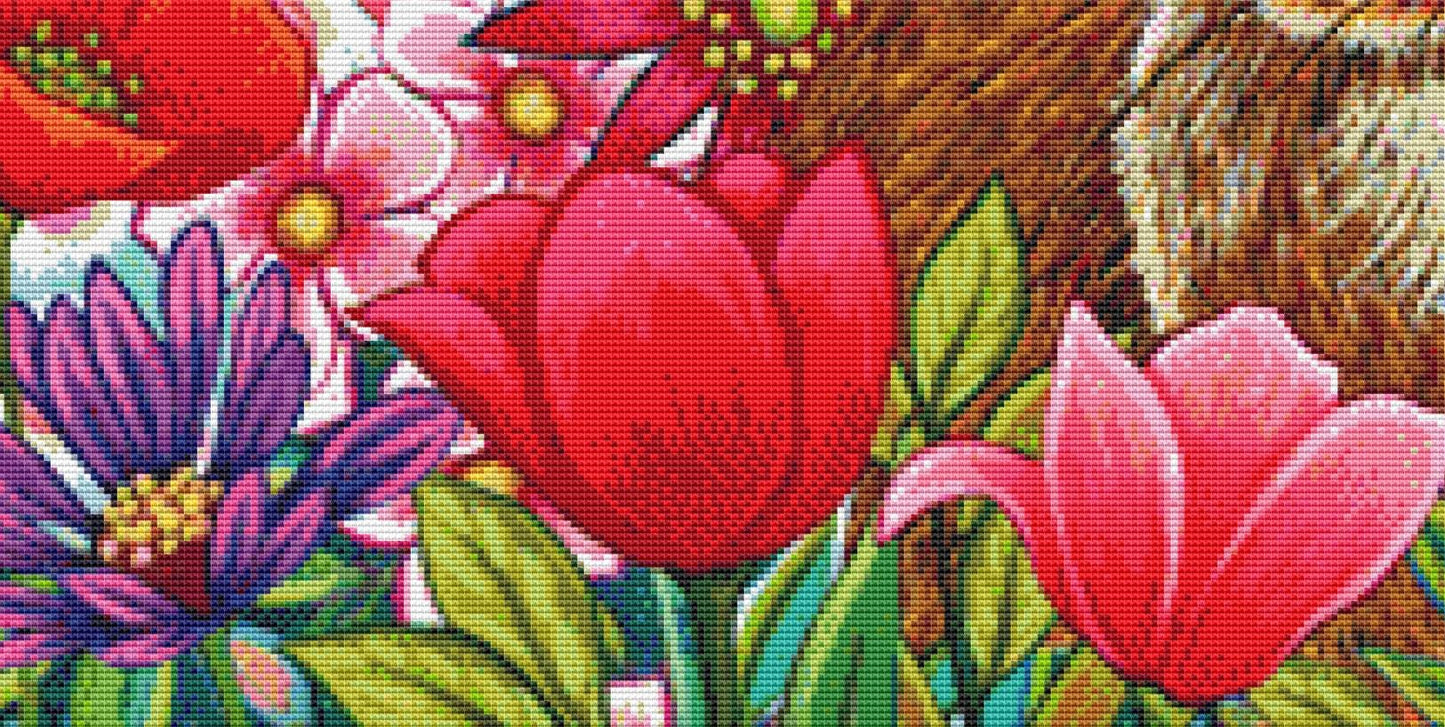 Tiptoes Through The Tulips counted cross stitch pattern by Peggy Davis/Porterfields Fine Art Licensing