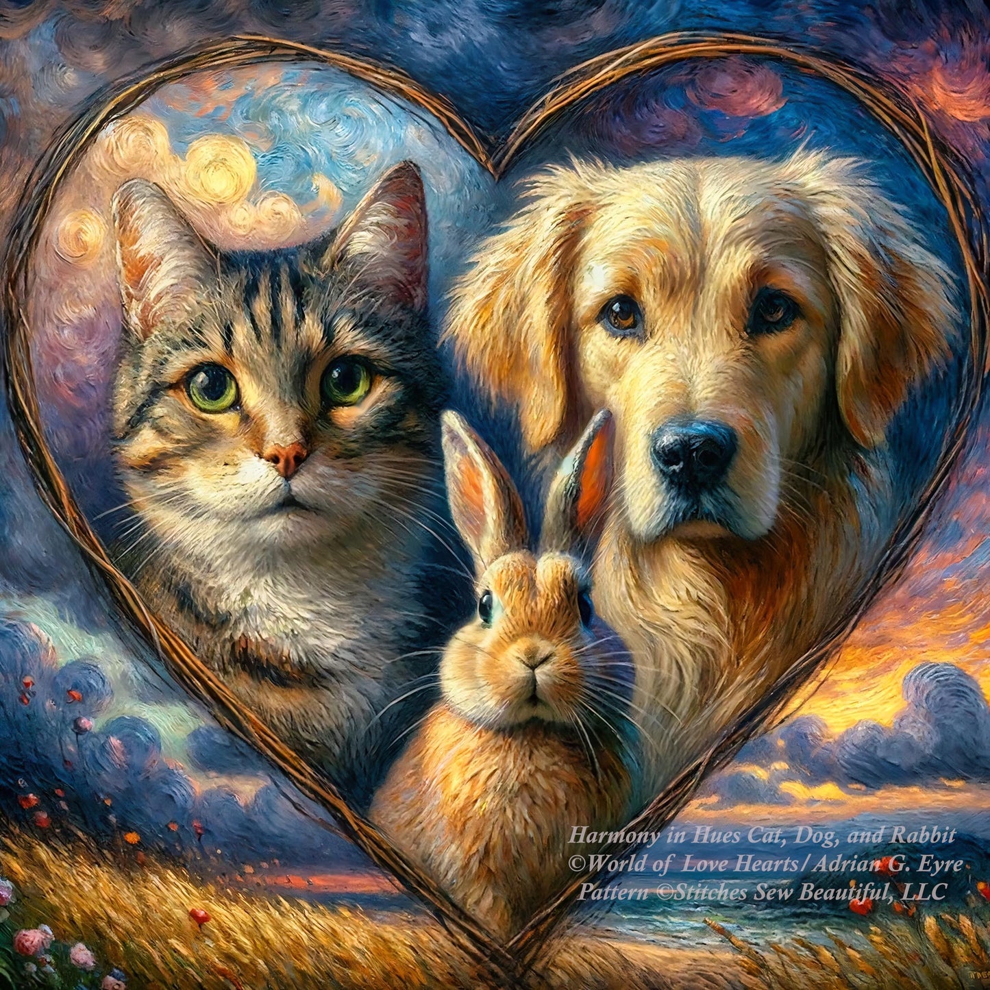 Harmony in Hues Cat, Dog, and Rabbit (Max Color) counted cross stitch pattern by World of Love Hearts/Adrian G. Eyre