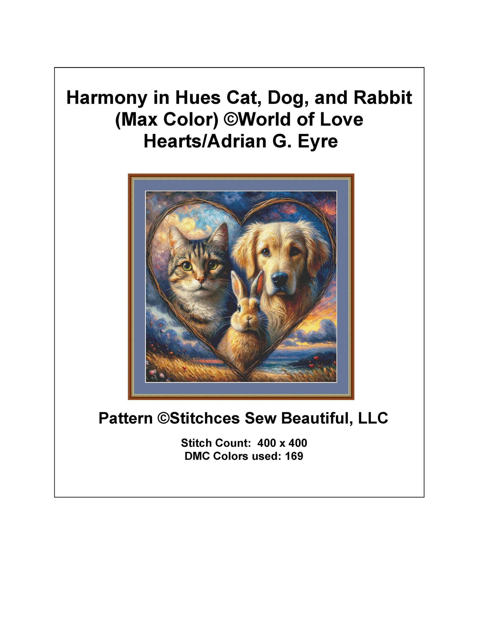 Harmony in Hues Cat, Dog, and Rabbit (Max Color) counted cross stitch pattern by World of Love Hearts/Adrian G. Eyre