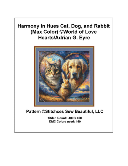Harmony in Hues Cat, Dog, and Rabbit (Max Color) counted cross stitch pattern by World of Love Hearts/Adrian G. Eyre