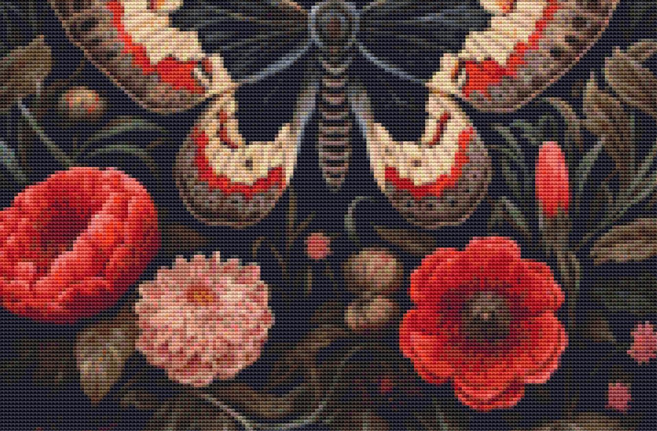 Gothic Botanical Moth (Small) counted cross stitch pattern by Dutch Lady Mystic Art