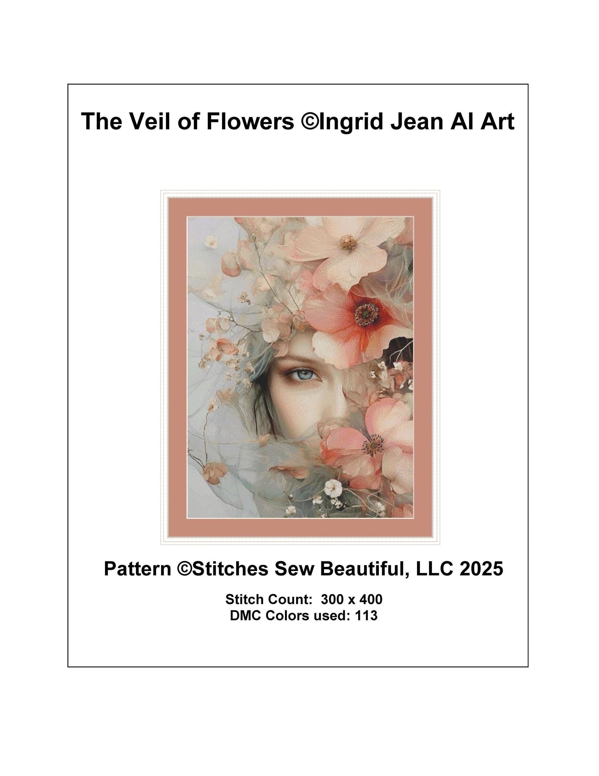 The Veil of Flowers counted cross stitch pattern by Ingrid Jean AI Art