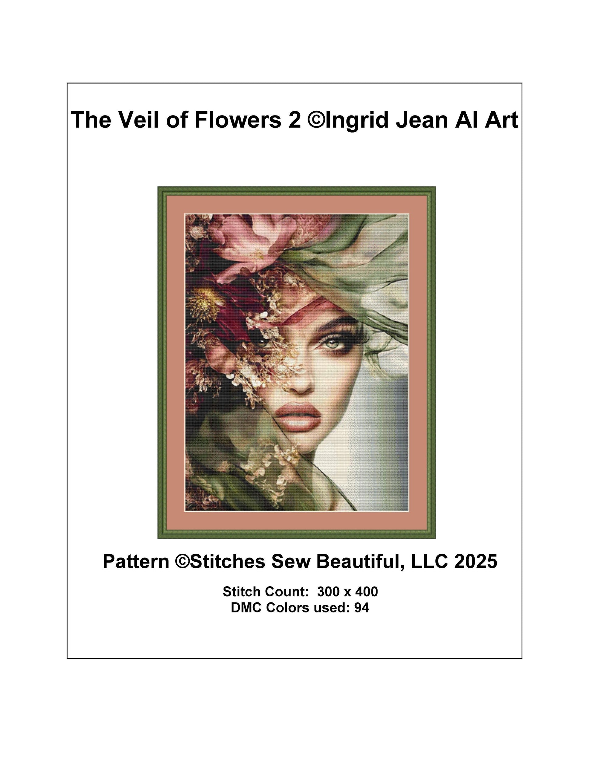 The Veil of Flowers 2 counted cross stitch pattern by Ingrid Jean AI Art