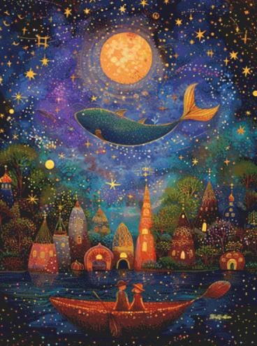 The Night of The Starry Lake and The Flying Fish counted cross stitch pattern by IllustNation