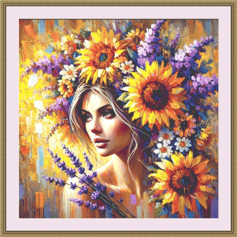The Beauty Between Sunflowers and Lavender counted cross stitch pattern by Eder Jose Rosa