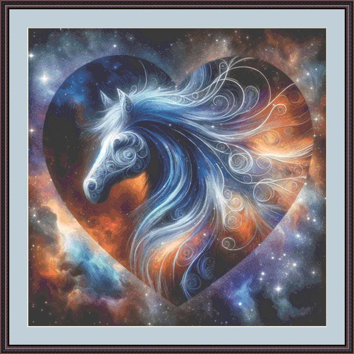 Interstellar Horse in a Heart Shaped Cosmos counted cross stitch pattern by World of Love Hearts/Adrian G. Eyre