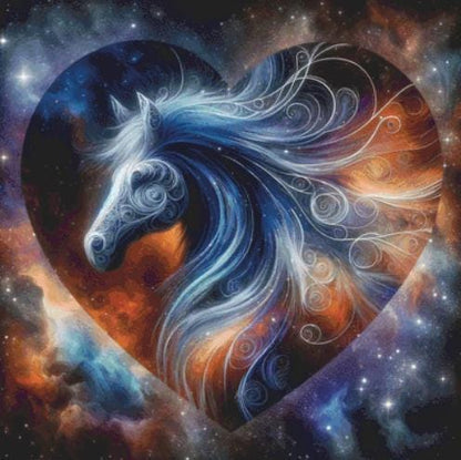 Interstellar Horse in a Heart Shaped Cosmos counted cross stitch pattern by World of Love Hearts/Adrian G. Eyre