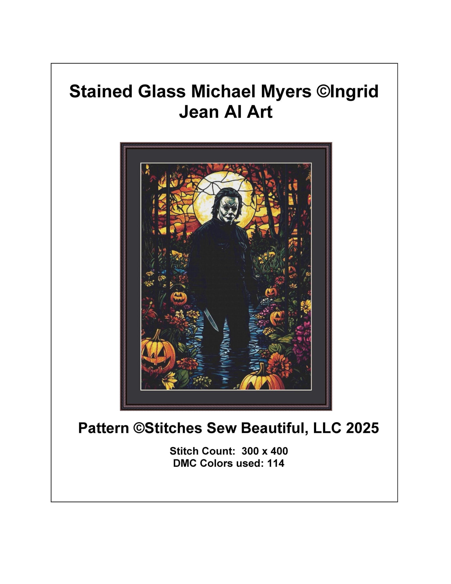 Stained Glass Michael Myers counted cross stitch pattern by Ingrid Jean AI Art