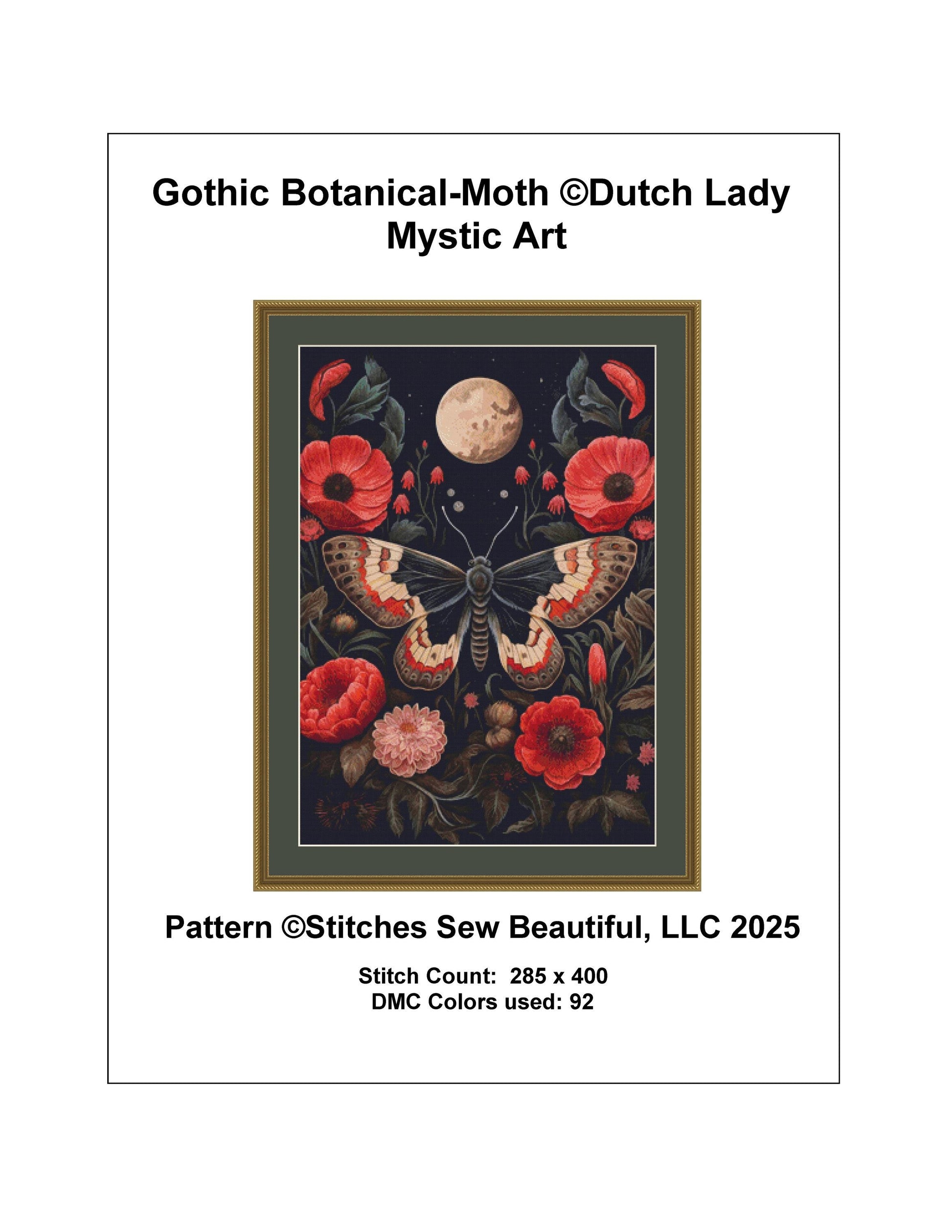 Gothic Botanical Moth counted cross stitch pattern by Dutch Lady Mystic Art