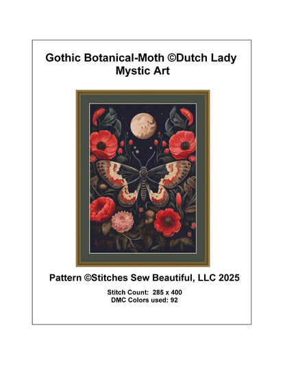 Gothic Botanical Moth counted cross stitch pattern by Dutch Lady Mystic Art