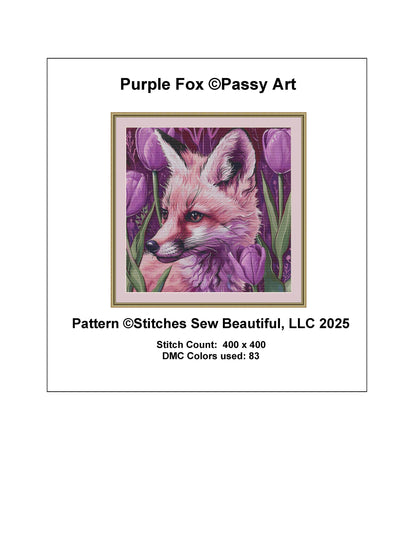 Purple Fox counted cross stitch pattern by Passy Art