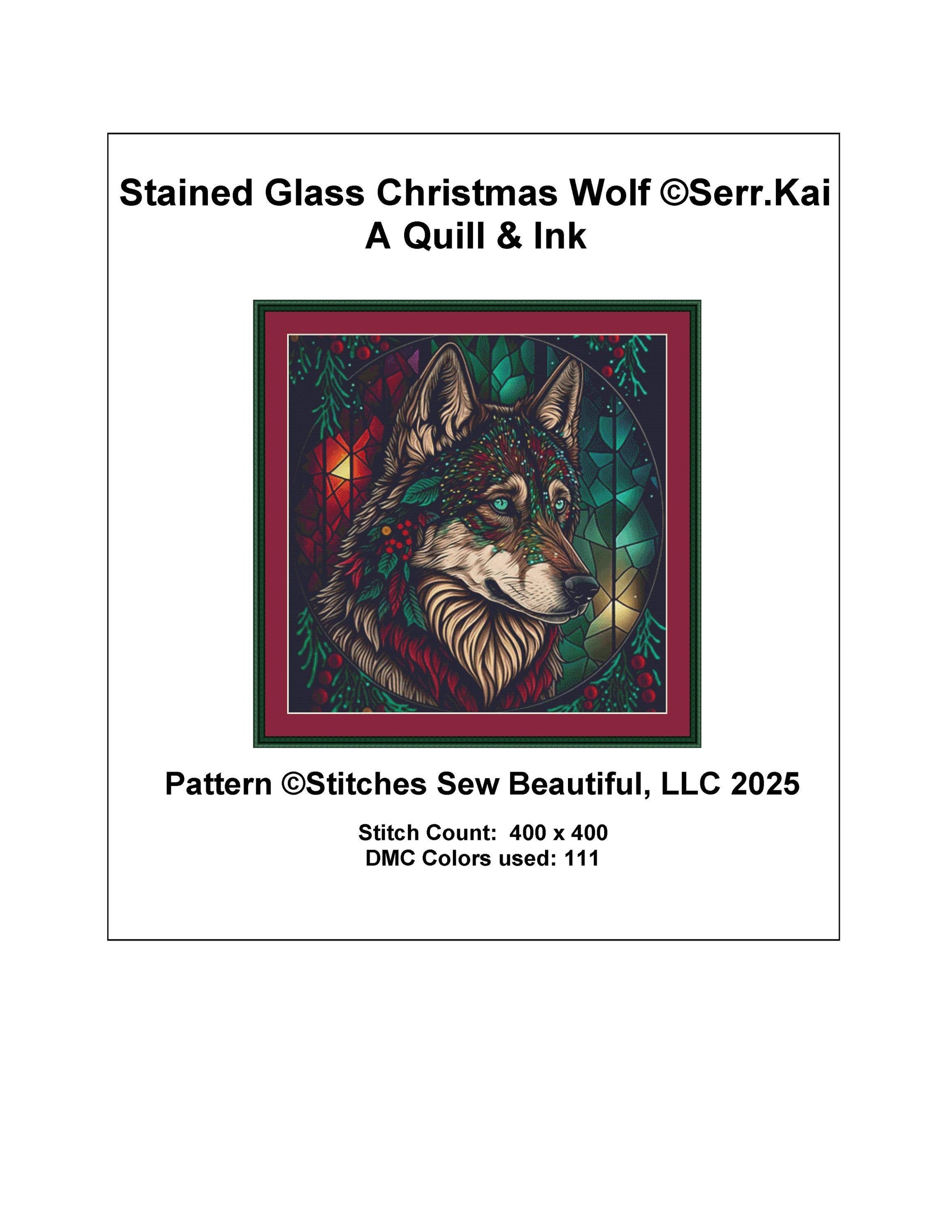 Stained Glass Christmas Wolf counted cross stitch pattern by Serr.Kai A Quill & Ink