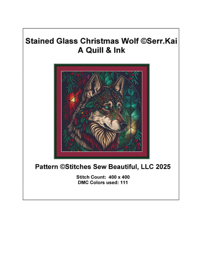 Stained Glass Christmas Wolf counted cross stitch pattern by Serr.Kai A Quill & Ink