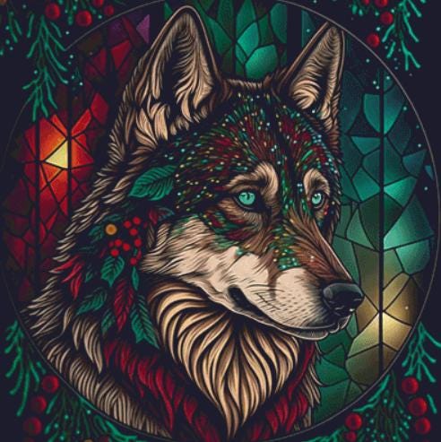 Stained Glass Christmas Wolf counted cross stitch pattern by Serr.Kai A Quill & Ink