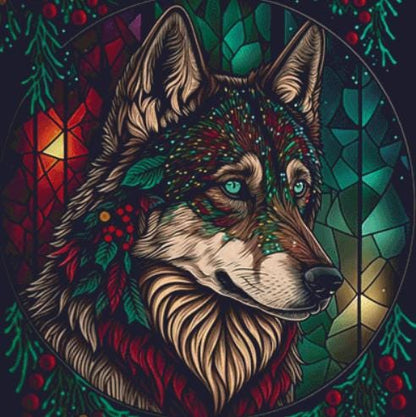 Stained Glass Christmas Wolf counted cross stitch pattern by Serr.Kai A Quill & Ink