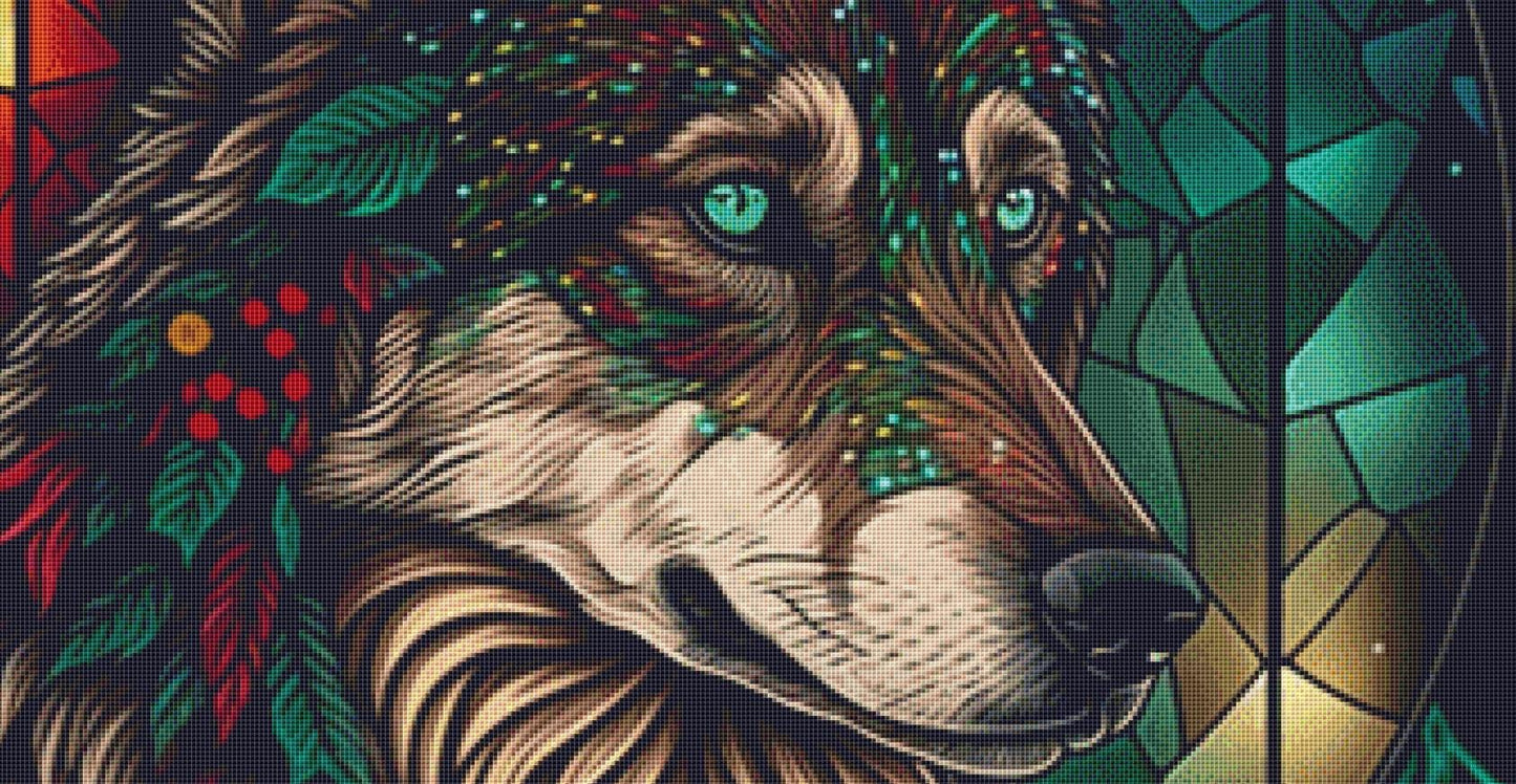 Stained Glass Christmas Wolf counted cross stitch pattern by Serr.Kai A Quill & Ink