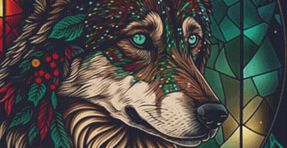Stained Glass Christmas Wolf counted cross stitch pattern by Serr.Kai A Quill & Ink