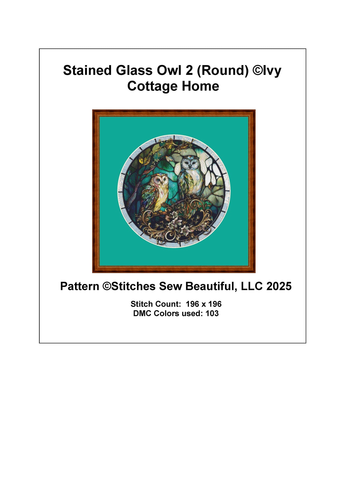 Stained Glass Owl 2 (Round) counted cross stitch pattern by Ivy Cottage Home
