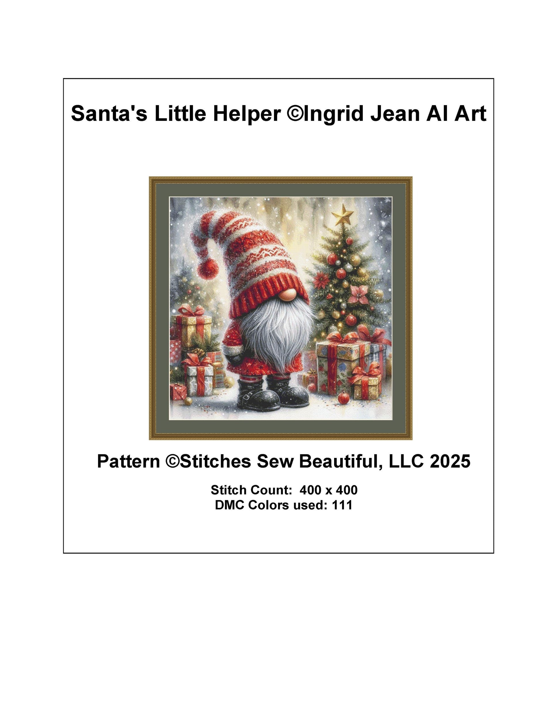 Santa's Little Helper counted cross stitch pattern by Ingrid Jean AI Art