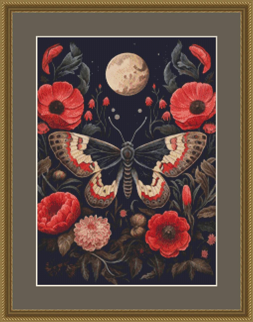 Gothic Botanical Moth (Small) counted cross stitch pattern by Dutch Lady Mystic Art