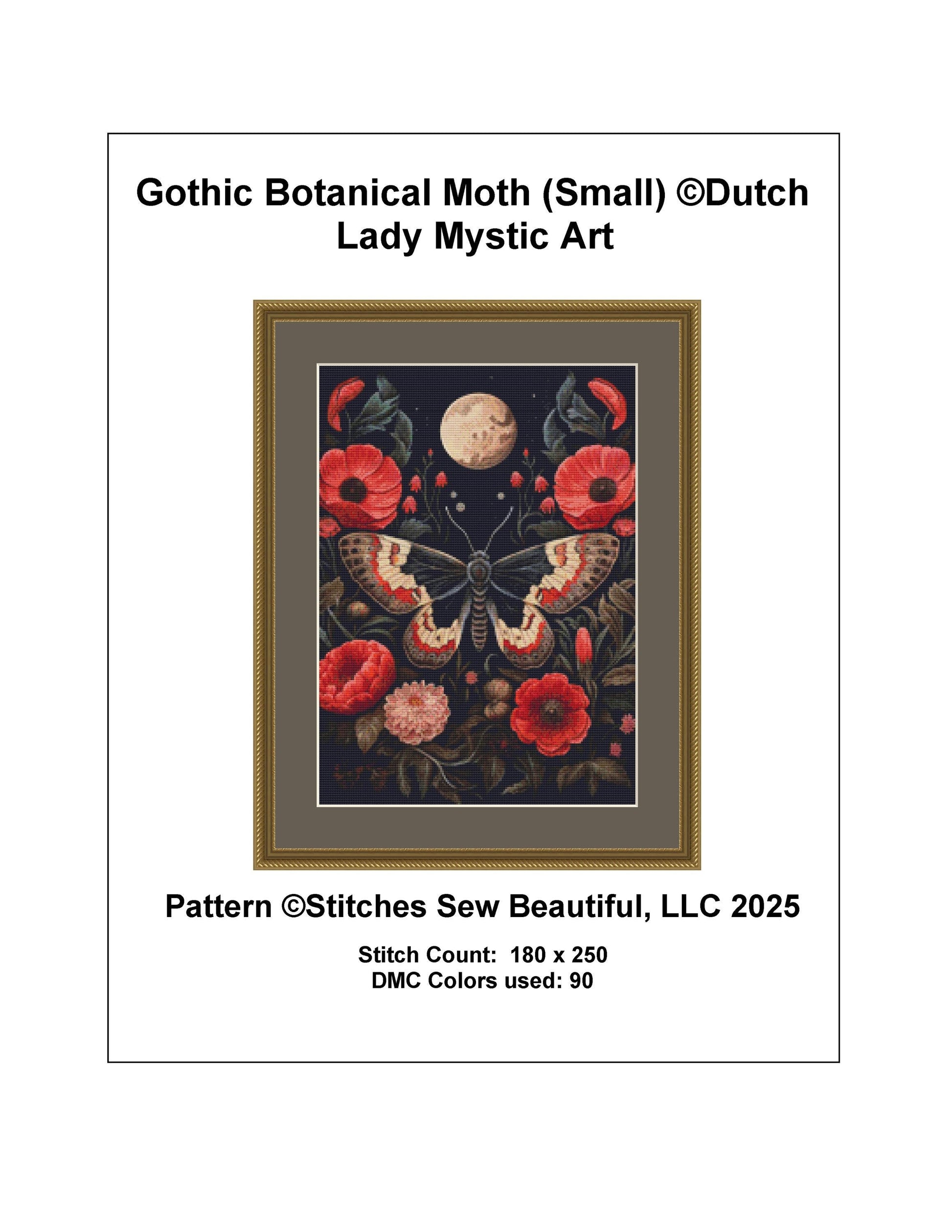 Gothic Botanical Moth (Small) counted cross stitch pattern by Dutch Lady Mystic Art