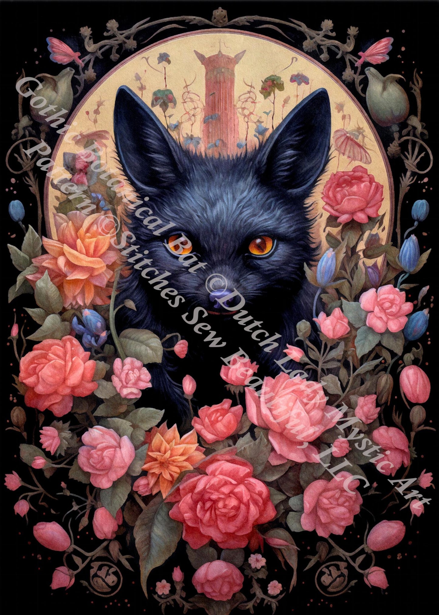 Gothic Botanical Bat counted cross stitch pattern by Dutch Lady Mystic Art
